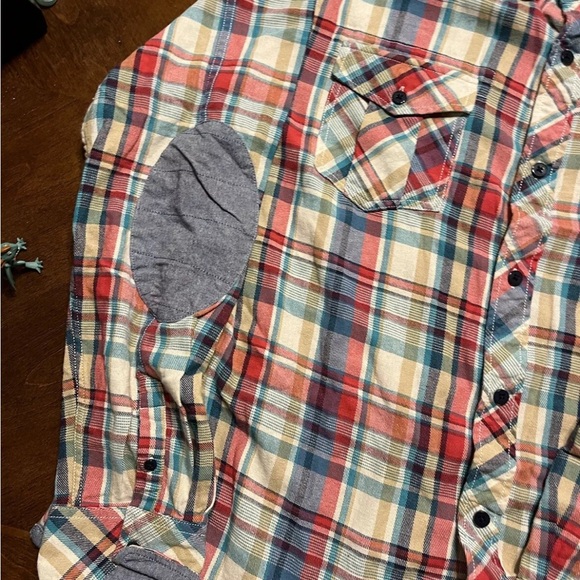 Akoo Long Sleeve Button Down Flannel Shirt Blue Red Plaid Pocket Elbow Patch XL - Picture 4 of 6